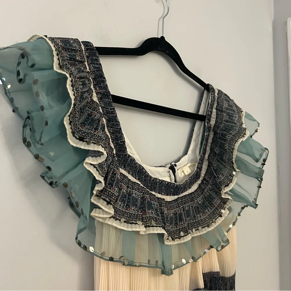 Anthropologie Let Me Be Camilla Blue Cream Ruffled Blouse - Picture 4 of 9